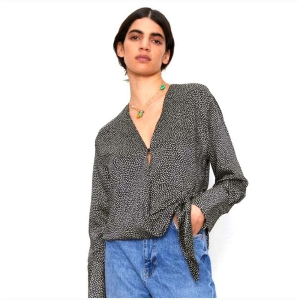 NWT ZARA Womens Silky Polka Dot Wrap Blouse Size Large Black White Old Money